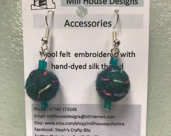 Embroidered wool felt bead earrings