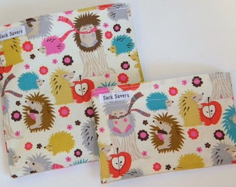 Reusable Sandwich and Snack Bag Set Hedgehog Meadow Eco Friendly