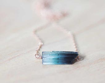 Blue Green Tourmaline Crystal Necklace on Sterling Silver, Oxidized Silver or Rose Gold Filled Chain, Raw Blue Green Tourmaline Jewelry