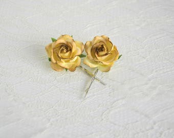 Rose Hair Pins, wedding hair accessories, bridal hair clips, yellow brown rose pins, flower hair clips, rose bobby pins, flowergirl, autumn