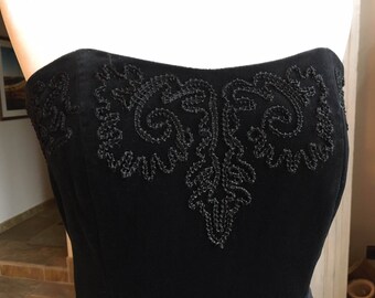 Vintage Laura Ashley Black Velvet Dress UK 12 Embellished/Knee Length - 1990s
