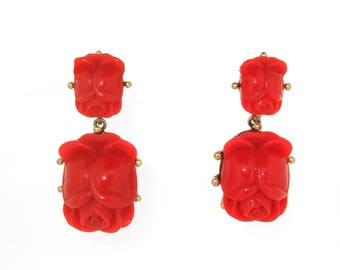 Oscar de La Renta Earrings pierced Big Red and Gold Rose
