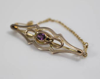 Edwardian Long Bar Brooch Yellow Metal with Amethyst Stone Lovers Knot Brooch