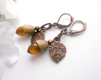 Acorn earrings copper earrings acorn oak dangle leaf dangle brown cluster brown acorn dangle autumn earrings acorn earrings nature earrings