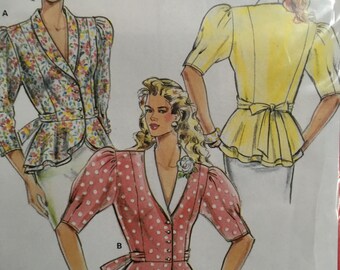 Sewing Pattern Vintage 1990s Burda 5462 feminine peplum shirt sz 8-18