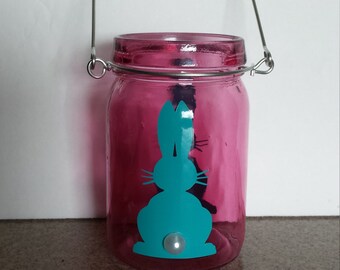 Pink Glass Candle Lantern with Aqua Bunny with Faux Pearl Tail