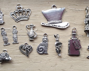 Alice in Wonderland 23 pc Tibetan Style Pendant Charms Antique Silver