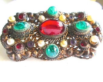 Victorian Sash PIn Brooch Czech Cabochons Art Glass 1880s