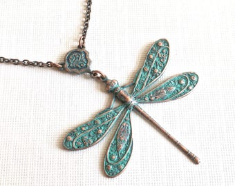Teal Copper Dragonfly Necklace - Patina Necklace, Dragonfly Jewelry