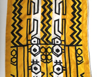 Vintage 1950s/1960s Yellow, White, and Black Abstract Geometric Print Rectangular Silk Scarf by Vera Neumann