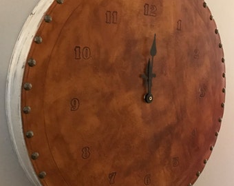Handmade 18 inch Round Leather Clock, Leather Accessory, Leather Wall Hanging