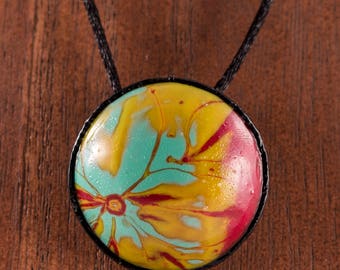 Mokume gane flower polymer clay pendant
