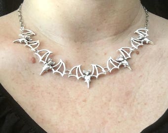 gothic bat necklace choker silver