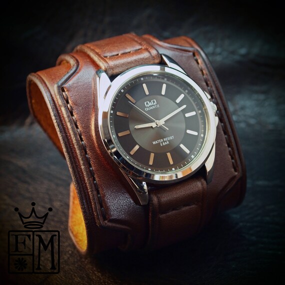 Brown Leather cuff watch Wrist watch vintage style wide layered fine veg-tan leather made for YOU in USA by Freddie Matara!