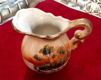 Antique Pitcher, 1940's Creamer, Swan and Sunset, Japanese Hand Painted Milk Pitcher, Vintage Kitchen, Shabby Chic Decor, Gift from Japan
