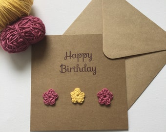 Birthday Card/Handmade/Crochet/Greeting Card/Kraft/Happy Birthday/Flowers