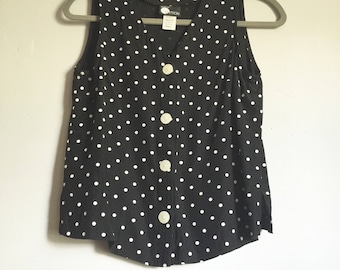 First Option Women’s Petite Black and White Polka Dot Top - Sleeveless Top - Vintage Tops - Polka Dot Tops - Size Small Petite