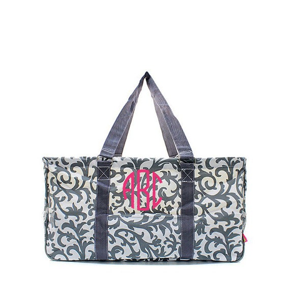 Personalized Gray Damask Large Open Top Utility Tote Custom