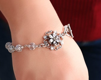 Crystal Bracelet, Beaded Bracelet, Link Bracelet, Flower Bracelet, Silver Bracelet, Pendant Bracelet, Crystal Jewelry BR432