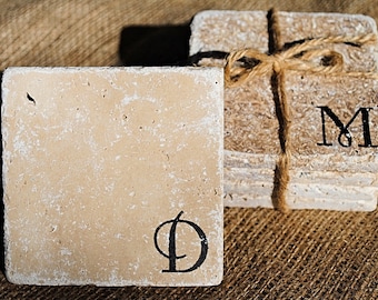 Monogrammed Coasters, Initial Coasters, Personalized Coasters, White Elephant Gift, Personalized Christmas Gift, Set of 4 Stone Coasters