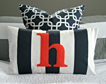 Monogrammed Lumbar Pillow Cover - Navy and White Stripe with Orange Monogram