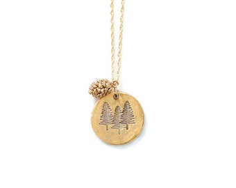 Tree Necklace, Nature Jewelry, Pine Tree Necklace,Three Pines,Pinecone,Nature Lover Gift,Outdoorsy Gifts,Outdoorsman Gift,Adventure Jewelry