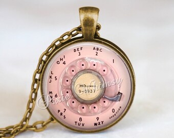 PINK TELEPHONE Dial Necklace Pendant Keychain Jewelry Vintage Pink Rotary Phone Retro Telephone Vintage Phone Kitsch 1950's 50s Mid Century