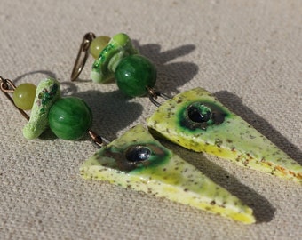 Raku Yellow Sandy Daggers, Lime Green Splatter Lampwork Discs and Jade Beads Earrings