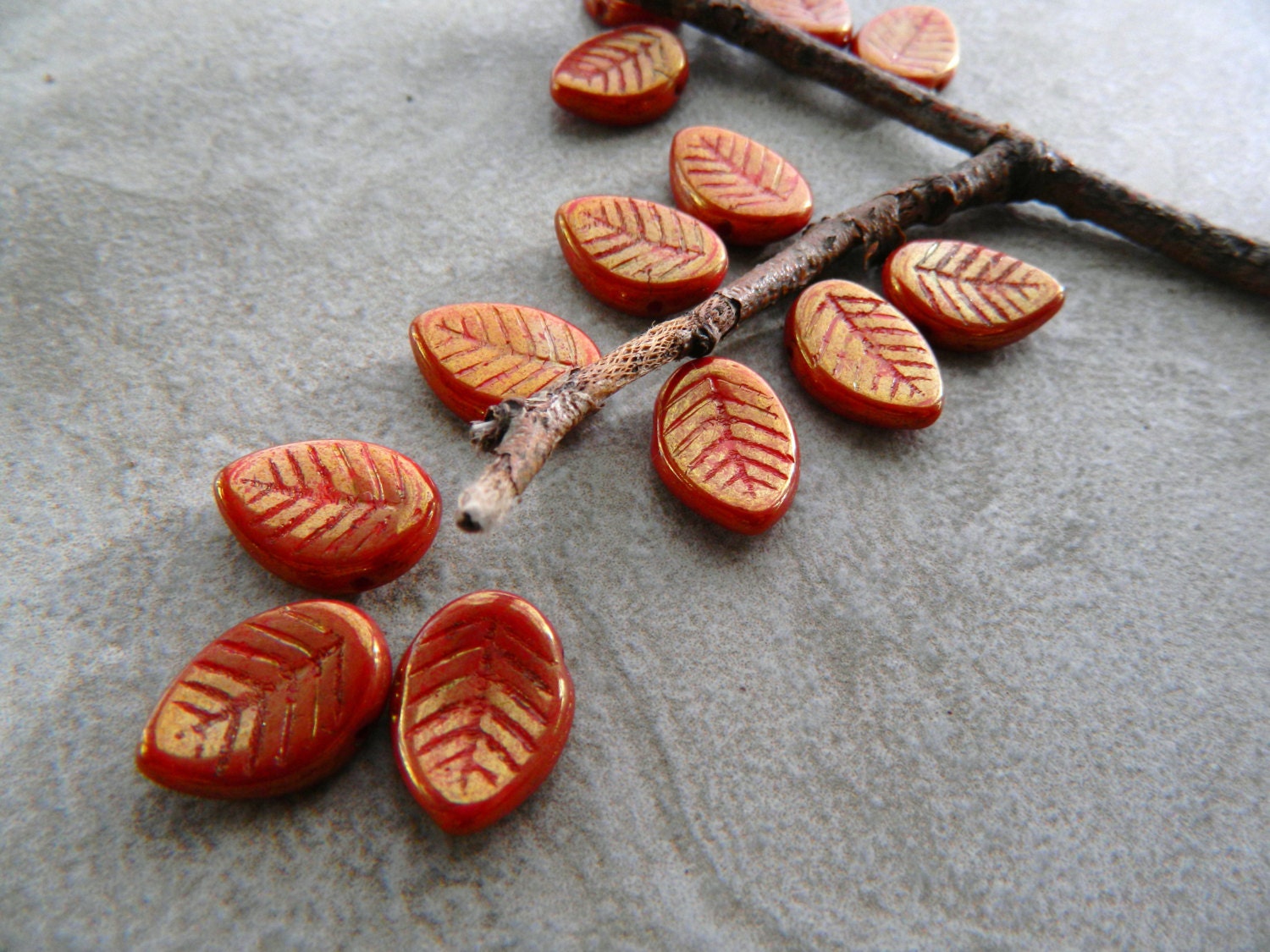 Large leaf beads Czech glass leaf beads Opaque Red with Gold