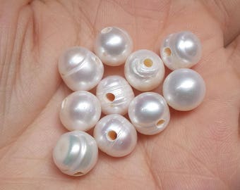 10-11mm pearl, large hole pearl, beads, loose, freshwater pearl, white, natural pearl, semi-baroque, 0.7-2.3mm hole, 10 beads