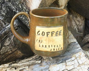 Brown Pottery Mug- Coffee (n.) Survival Juice- Locust Leaf Design- Handmade by Daisy Friesen