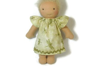 7 inch, 8 inch, 9 inch Waldorf doll dress, gold dragonfly dress, tiny doll dress