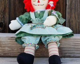 Handmade Raggedy Ann Doll with Red hair and Green eyes..