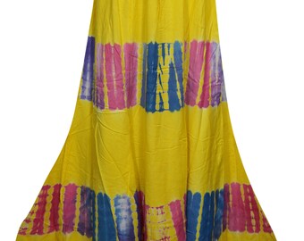 Womens Yellow Tie Dye A-Line Gypsy Long Skirt Rayon Summer Style Hippie Chic Boho Maxi Skirts
