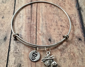 Sushi initial bangle - sushi jewelry, gift for sushi lover, Asian food jewelry, sushi bracelet, fish bracelet, silver sushi bangle