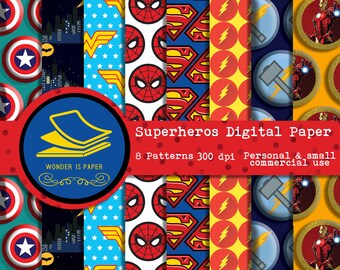 Superheros Digital Papers - 8 Designs 12x12in, 30x30 cm - Ready to Print - High Quality