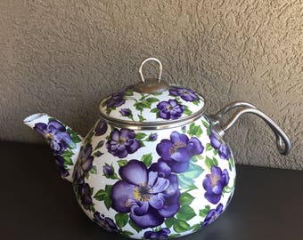 Interos Enamel Tea Kettle Vintage Purple Floral Teapot ~ #T0510