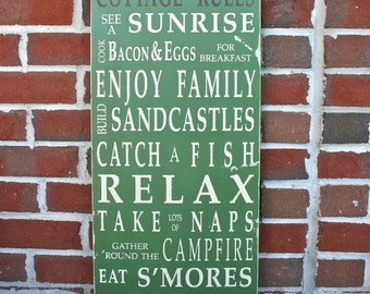 Cottage Rules Wooden Sign Vintage Style Typography Word Art Sign in Medium Green