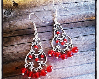 Earrings silver and faceted red glass beads