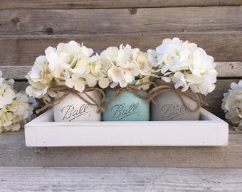 Rustic Tray with 3 Painted Mason Jars, Farmhouse Living Room Decor, Farmhouse Table Decor, Country Decor, Mason Jar Decor,Coffee Table Decor