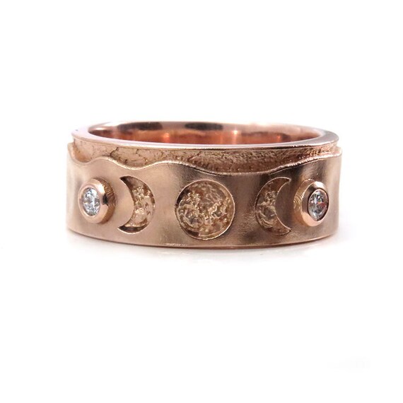 Mens Rose Gold and Diamond Triple Moon Wedding Band - Moon Phase Engagement Ring