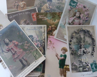 10 Beautiful Vintage French Postcards. Romantic, Children, Art Nouveau, Used,