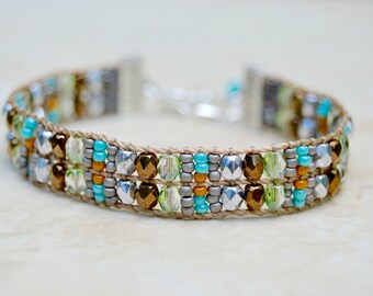 Loomed Beaded Bracelet . Earthy . Czech Glass . Artisan Bracelet . Multi Colors . Sterling Charm