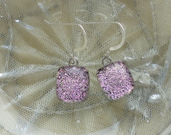 Pink Dichroic Glass Dangle Earrings. Fused Glass Earrings. Pink Dangle Earrings