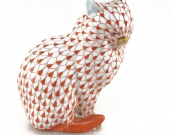 Herend Sitting Kitty CAT in Rust Fishnet Figurine 5383 4.75" Hand-Painted ~ Mint