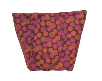 Polka Dot Tote Bag, Brown Fabric Bag, Handmade Handbag, Cloth Purse, Pink Orange Polka Dots, Shoulder Bag