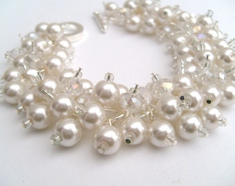 Bridal Jewelry, Wedding, Pearl Bridesmaid Bracelet, Cluster Bracelet, Pearl Bracelet, Pale Ivory Pearl Jewelry - Designs by Kim Smith