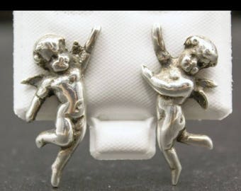 RARE Antique STERLING CHERUB Silver Earrings ~