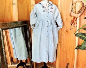 Denim maxi dress L XL size 14 / 16 / 80s prairie dress / long jean dress / loose fit denim dress