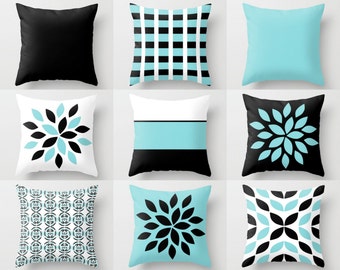Couch Pillow Covers, Aqua Black White Pillow Covers, Floral Throw Pillow Covers, Home Decor, Mix and Match Decorative pillow covers